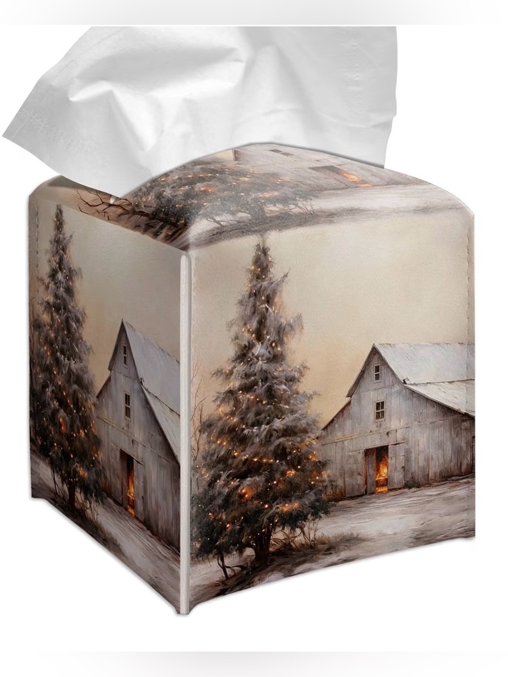 Grace Yonkers PU Leather Christmas Barn Cube Tissue Box Cover